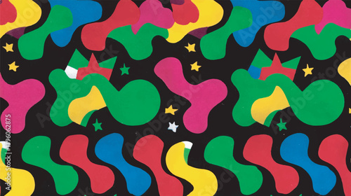 Abstract shapes dance within intricate colourful background designs