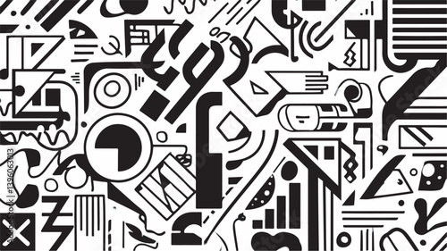 Abstract shapes scatter visually within monochrome artistic composition artwork
