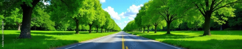 Empty asphalt road cuts through lush green park, vibrant blue sky above , drive, scenic Empty asphalt road cuts through lush green park, vibrant blue sky above , drive, scenic