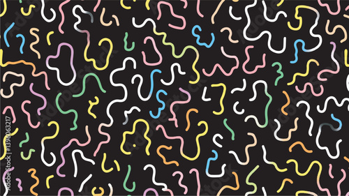 Abstract squiggles scatter randomly against a dark backdrop illustration