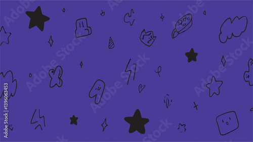 Doodle icons float across vibrant solid blue background pattern design
