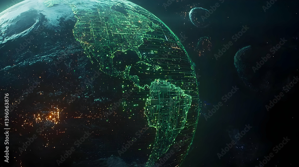 Obraz premium Digital Illustration Of Earth With Green Lights