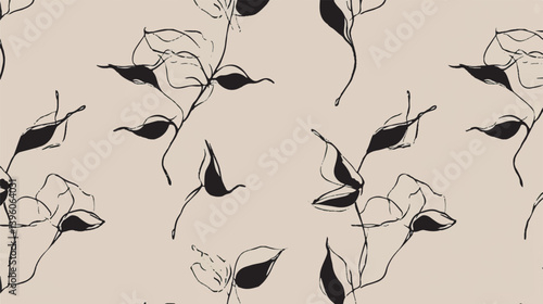 Stylized foliage drawings repeat across simple beige background pattern
