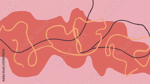 Abstract shapes overlay red field on pink backdrop illustration