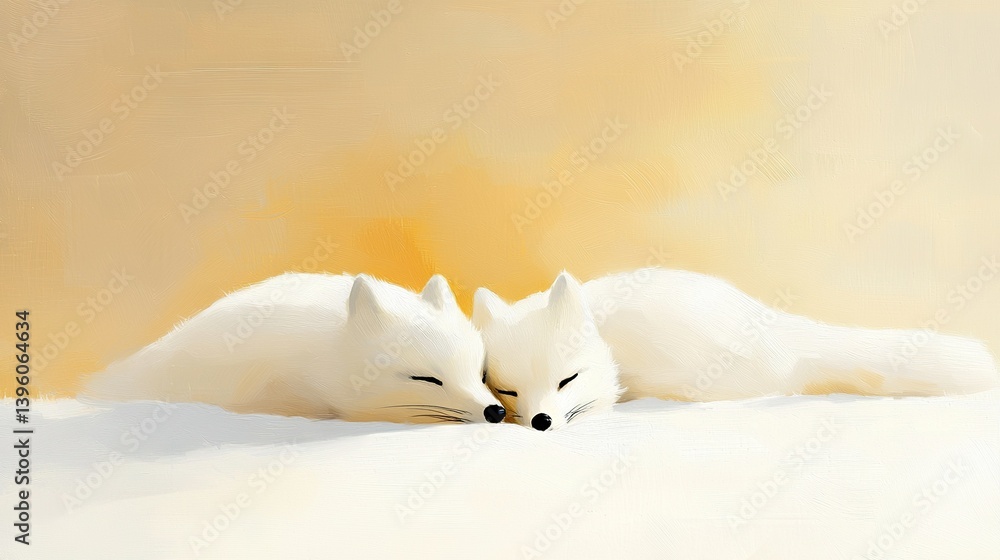 A pair of white foxes rest atop a snow-covered field adjacent to a yellow wall A pair of white foxes rest atop a snow-covered field adjacent to a yellow wall