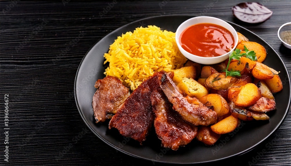 prato com carne grelhada, arroz, batatas e molho sobre a mesa