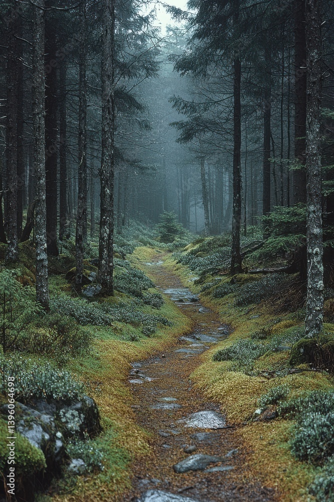 Obraz premium Misty forest trail winding through lush greenery and towering evergreen trees