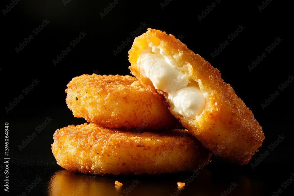 Delicious golden brown chicken nuggets with melted mozzarella cheese on a black background