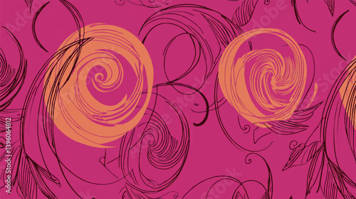 Floral spirals overlay abstract background in dynamic seamless pattern