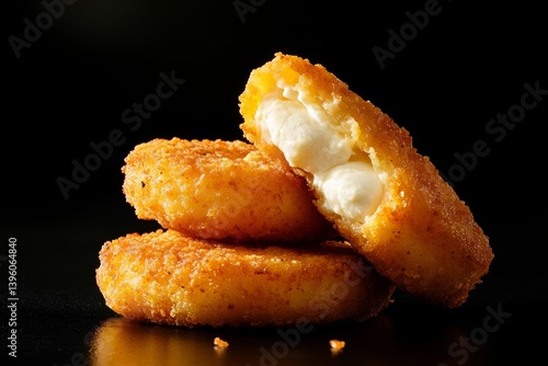Obraz na płótnie Delicious golden brown chicken nuggets with melted mozzarella cheese on a black background w salonie
