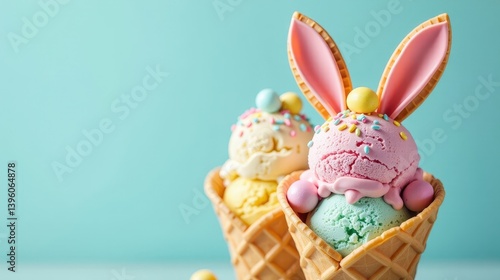 Easter-inspired ice cream scoops in pastel colors, served in a waffle cone shaped like a bunny ear, topped with mini candy eggs and sprinkles