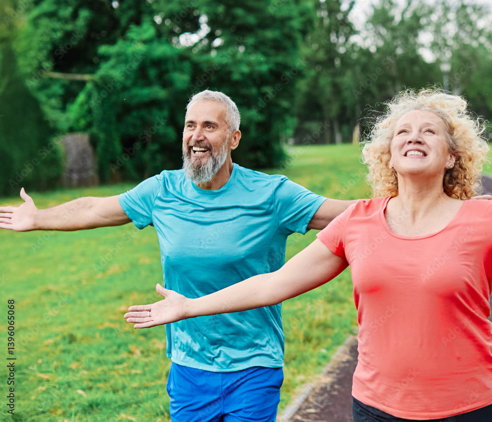 woman man mature couple fitness dreaming relaxation exercise wellbeing meditating freedom inhaling carefree happy vitality dreamlike nature spirituality