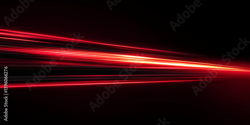 Glowing red horizontal light streaks on black background representing speed, motion, laser beams, energy or futuristic sci-fi visual effect in dynamic abstract design