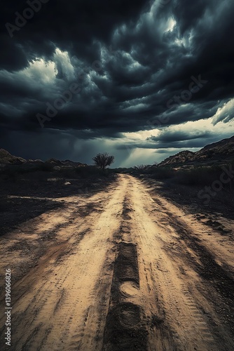 Dramatic view of a desert dirt road leading towards ominous dark storm clouds on the horizon : Generative AI