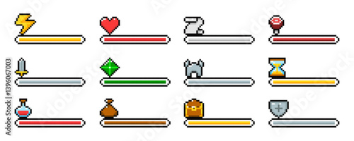 8 bit loader process status, Pixel loading progress bars. 8-bit game indicators, gauges: health, stamina, experience, money, energy, weapon, protection, magic, life, power levels.