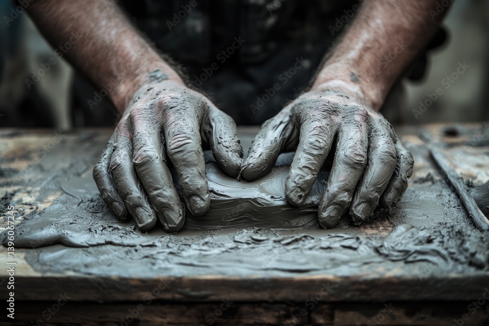 Muddy hands meticulously shaping clay, a testament to craftsmanship and earthy artistry. Muddy hands meticulously shaping clay, a testament to craftsmanship and earthy artistry.