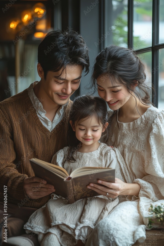 Obraz premium Happy family reading together in a cozy and warm indoor setting