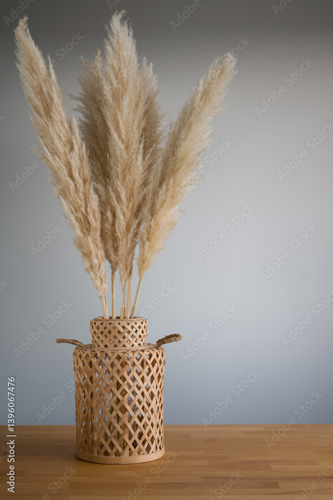Pampas Grass in Woven Vase on Wooden Table - Minimalist Decor