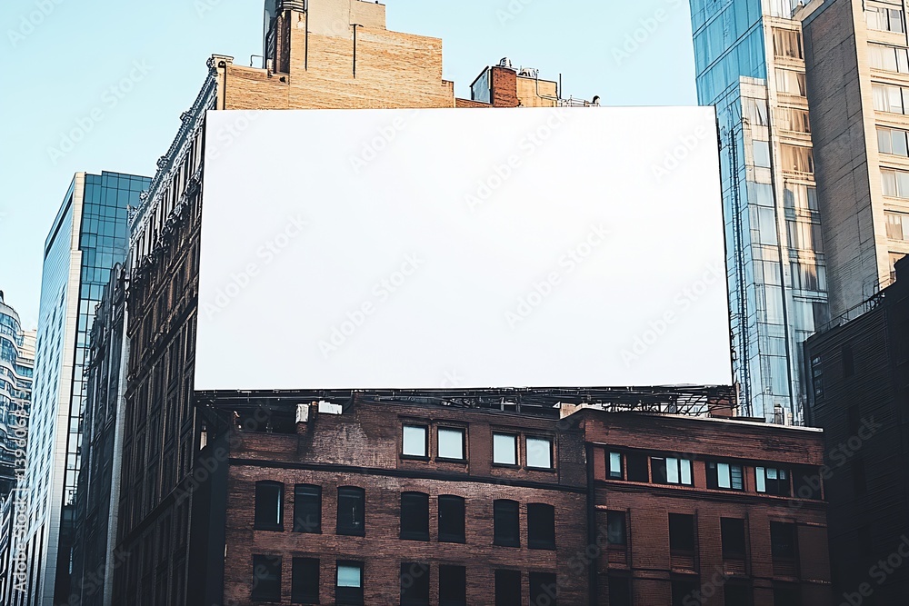 Large blank billboard on a city building ready for advertising and promotions : Generative AI Large blank billboard on a city building ready for advertising and promotions : Generative AI