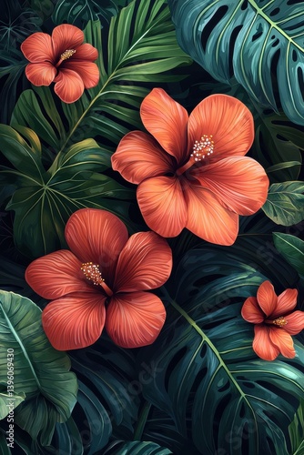 Wallpaper Mural Vibrant red tropical flowers with lush green leaves in a detailed background Torontodigital.ca