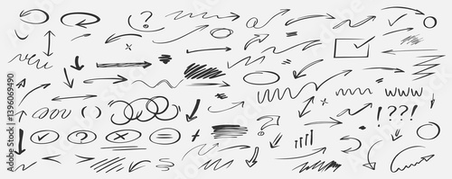 Hand drawn various arrows, ellipses, punctuation marks, direction pointers. Charcoal or pencil drawn rough red elements for diagrams. Swirl lines, swoosh, bubbles, underline element.