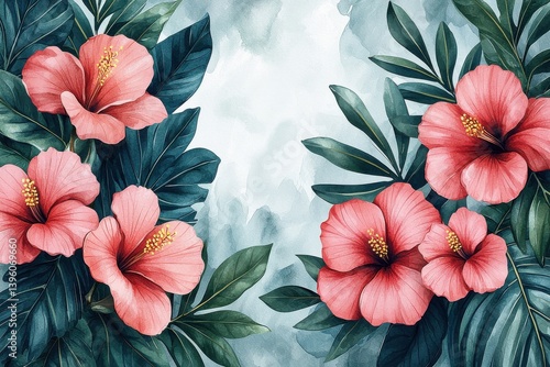 Wallpaper Mural Tropical pink floral artwork with vibrant greenery and white background Torontodigital.ca