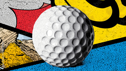 Comic Golf Ball: A dynamic image of a golf ball in a comic style with a vibrant background of comic-book effects. The image captures the energy of the game and excitement of the sport.