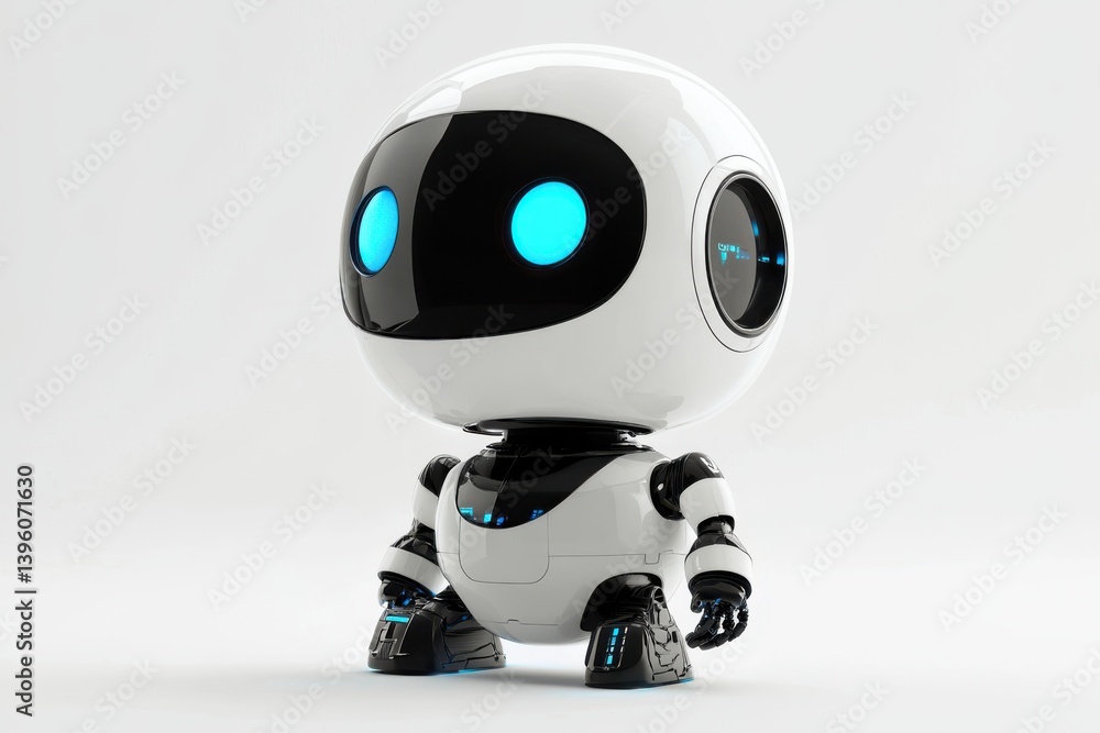 A small white robot with glowing blue eyes on a plain setting A small white robot with glowing blue eyes on a plain setting