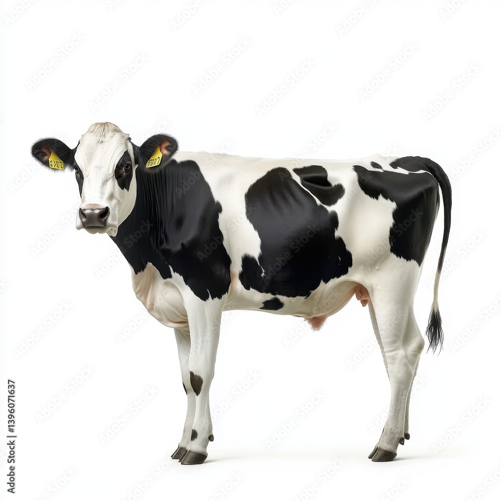 A standing cow with black and white markings on a bright setting A standing cow with black and white markings on a bright setting