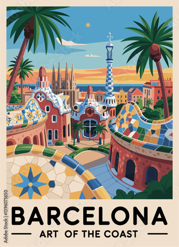 Barcelona, Spain travel destination poster in retro style. Colorful vector art illustration