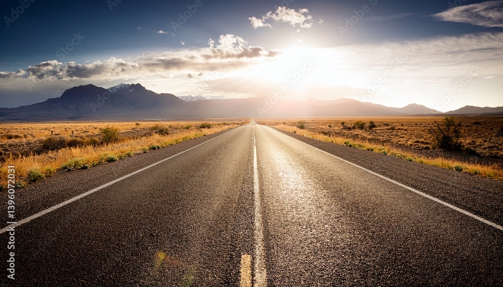 Naklejka premium Straight asphalt road leading into sunlight