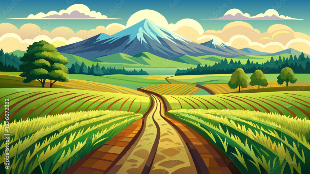 Fototapeta premium Tractor tracks in the rich green grain farm field leading towards a beautiful distant Irish mountain peak. Agricultural summer scene in the Wicklow