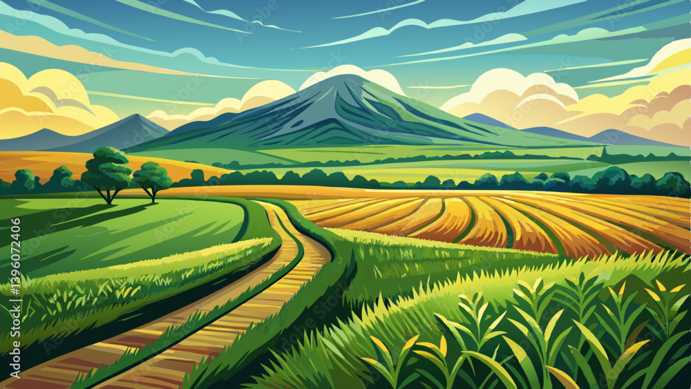 Fototapeta premium Tractor tracks in the rich green grain farm field leading towards a beautiful distant Irish mountain peak. Agricultural summer scene in the Wicklow