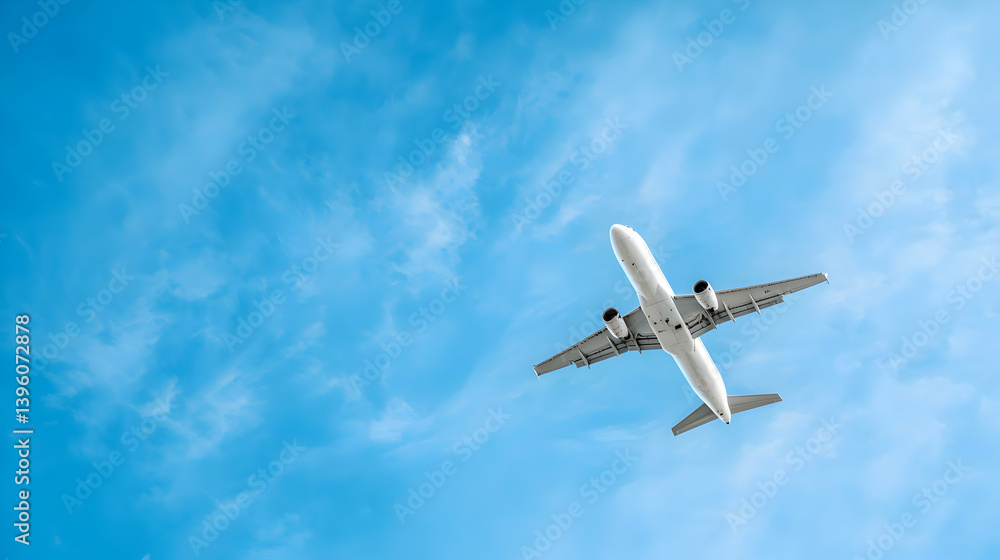Airplane Flying High Above Bright Blue Sky Airplane Flying High Above Bright Blue Sky
