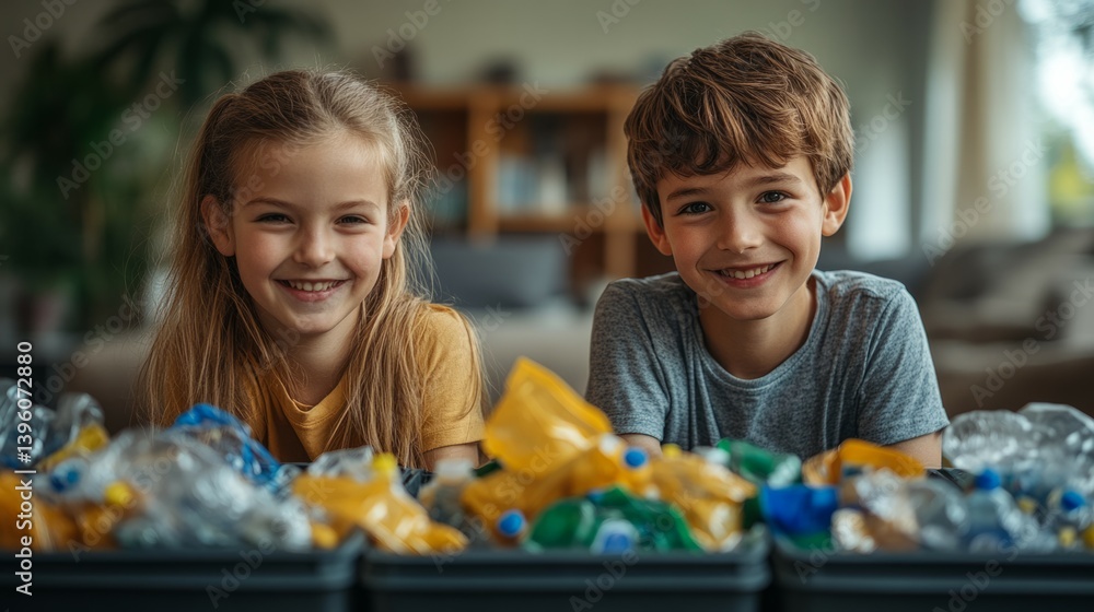 Fototapeta premium A family sorting recyclable materials at home