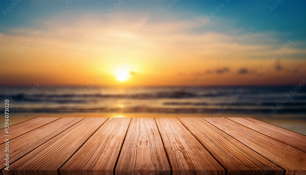 Empty wooden table over sunset blurred background Summer vacation mock up design and product display Empty wooden table over sunset blurred background Summer vacation mock up design and product display