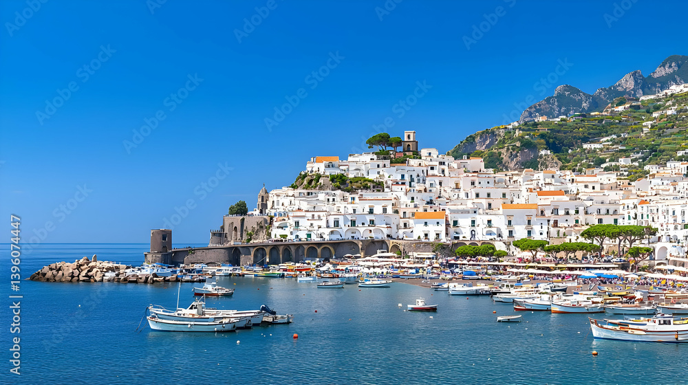 Amalfi Coast Town With White Buildings And Boats On Sunny Day Amalfi Coast Town With White Buildings And Boats On Sunny Day