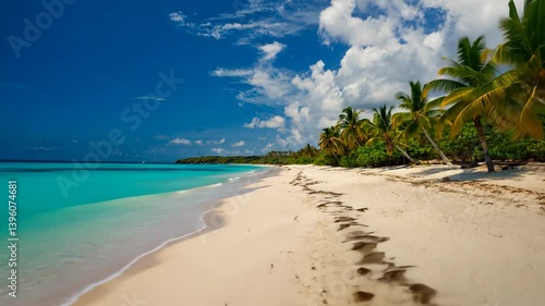 Wallpaper Mural Idyllic Tropical Beach with Azure Water, White Sand, Palm Trees and Lush Vegetation under a Bright Blue Cloudy Sky, vacation paradise scenery. Torontodigital.ca