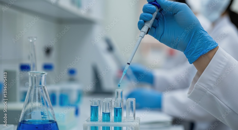 Scientist working in a lab with blue liquid in flasks and test tubes performing a scientific experiment Scientist working in a lab with blue liquid in flasks and test tubes performing a scientific experiment