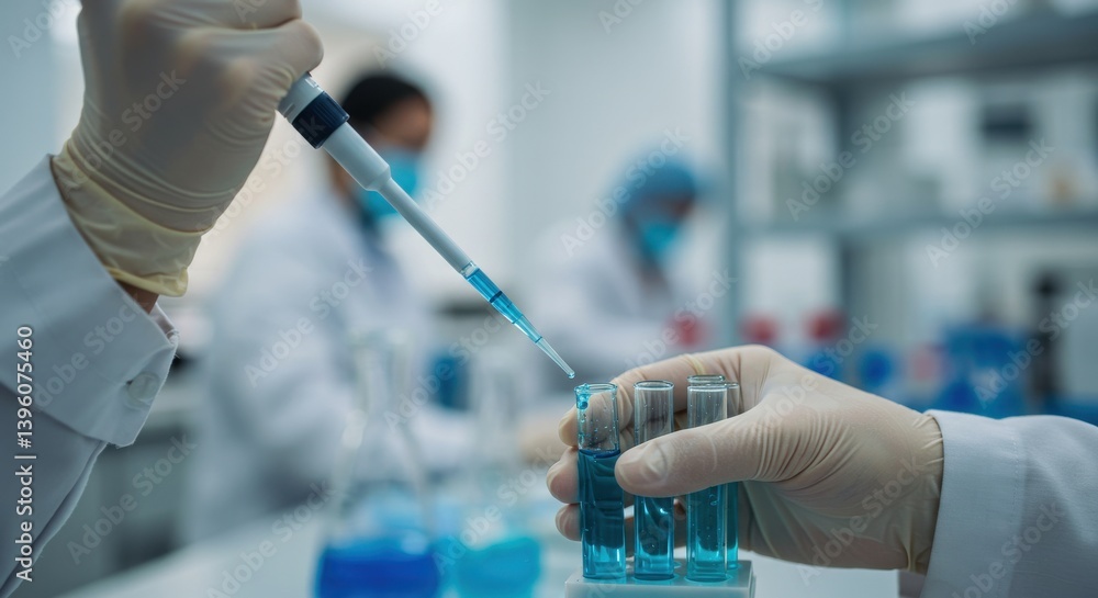 A close up of a scientist using a dropper to add liquid to a beaker in a laboratory setting indoors A close up of a scientist using a dropper to add liquid to a beaker in a laboratory setting indoors