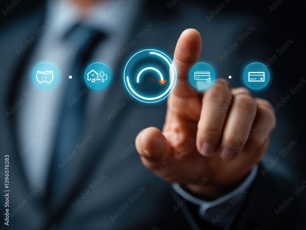Businessman interacts with digital interface for efficient processes. Modern technology streamlines operations, impacting property, utility, and payment systems