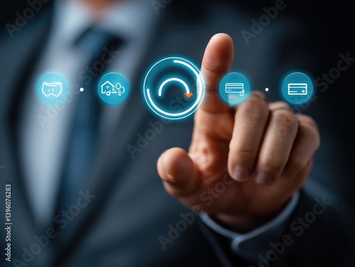 Obraz na płótnie Businessman interacts with digital interface for efficient processes. Modern technology streamlines operations, impacting property, utility, and payment systems w salonie