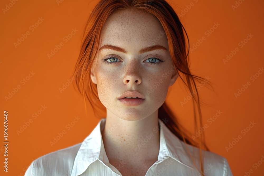 Striking portrait of a red haired woman with blue eyes against a vibrant orange background Striking portrait of a red haired woman with blue eyes against a vibrant orange background