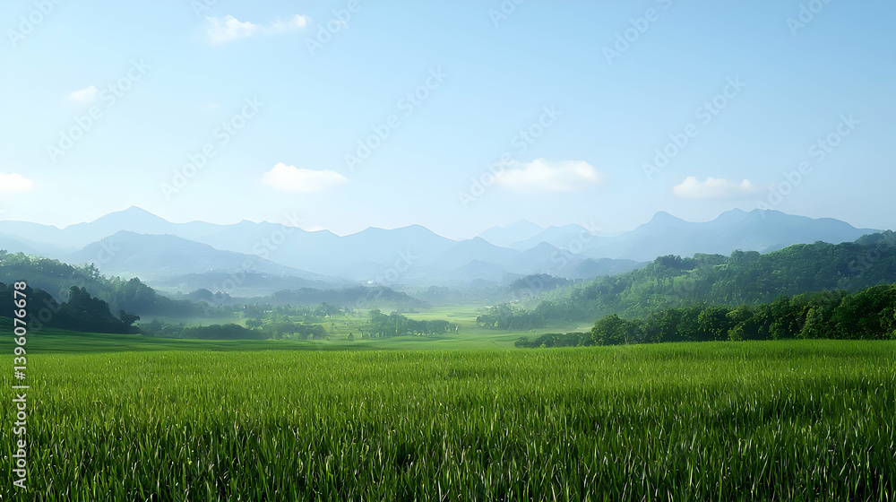 Fototapeta premium Vast Green Field With Distant Mountains Under Clear Sky