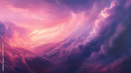 Purple sky with clouds and a sun in the middle. The sky is filled with clouds and the sun is shining through them