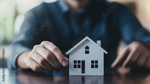 Detailed portrayal of a person holding a miniature house model representing home ownership concepts : Generative AI