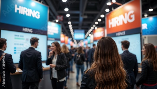 Job fair, Job fair scene with hiring booths attracting professionals and job seekers in a lively environment