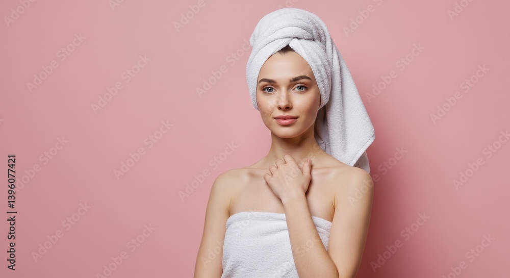 Woman with towel on head and body against pink background poses gracefully for the camera in studio shot Woman with towel on head and body against pink background poses gracefully for the camera in studio shot