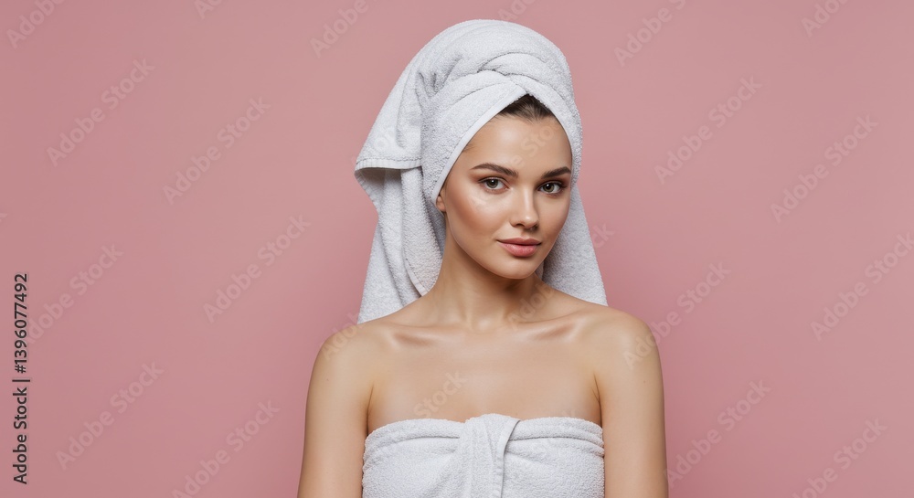 Portrait of a woman with a towel on her head and body against a pink background looking at the viewer Portrait of a woman with a towel on her head and body against a pink background looking at the viewer