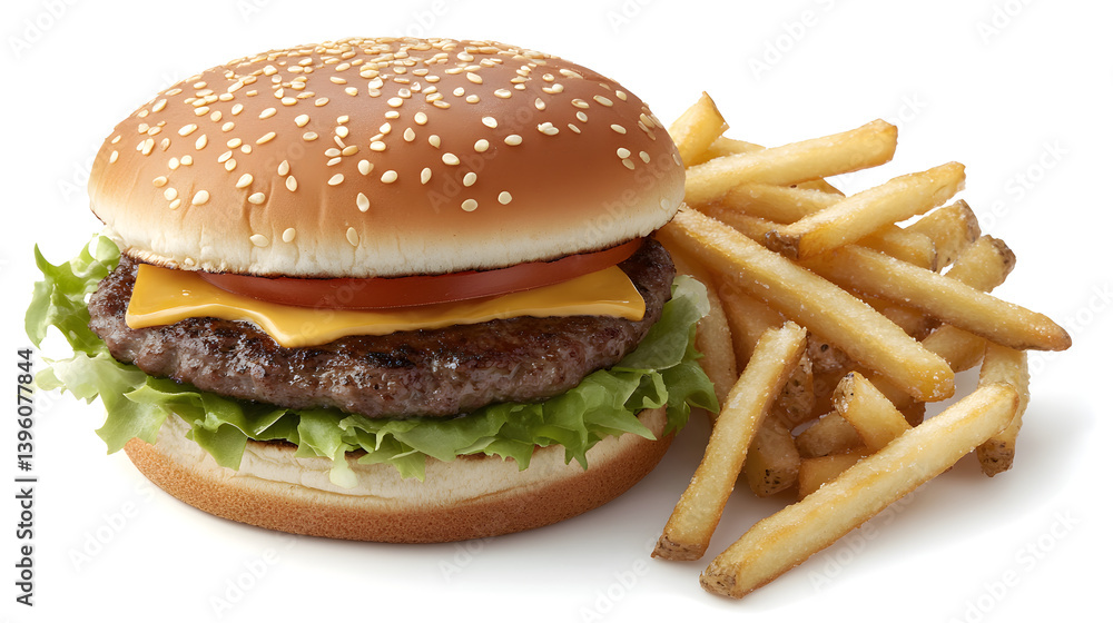 A delicious cheeseburger with lettuce, tomato, and a side of crispy French fries.